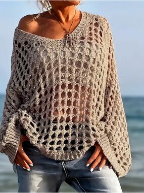 NWOT Open-Knit, Off Shoulder, Crochet Beach Sweater, In Tan, Large